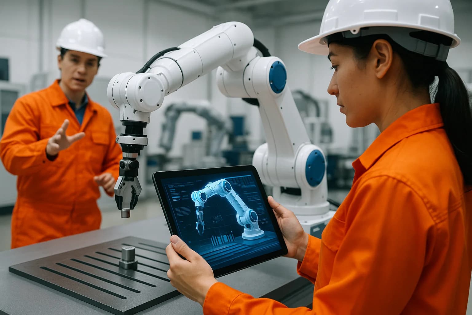 Engineers working with robotics and a digital tablet on a factory floor