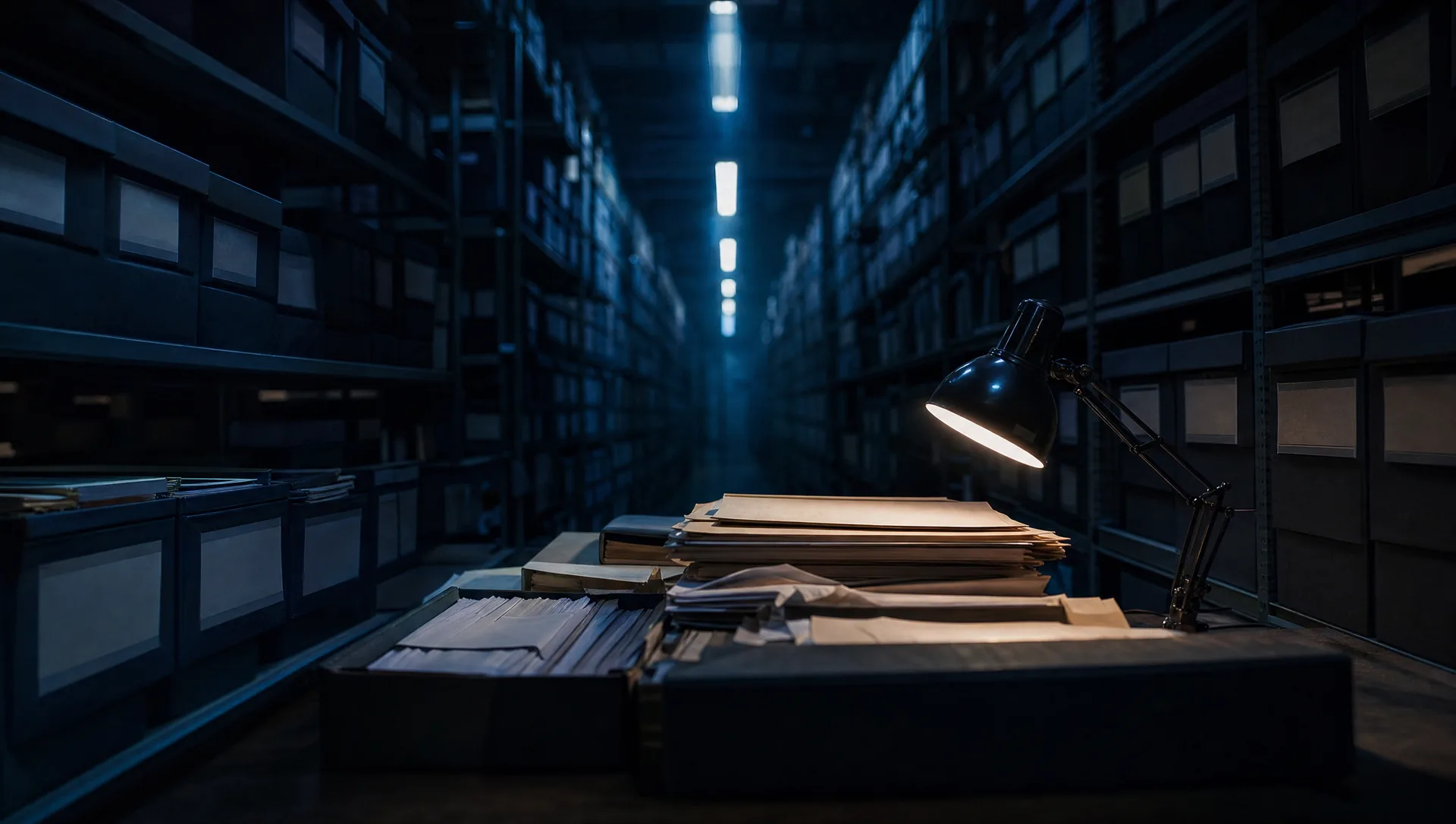 Vast records archive with towering shelves of file boxes receding into darkness, one desk lamp over stacks of pulled folders