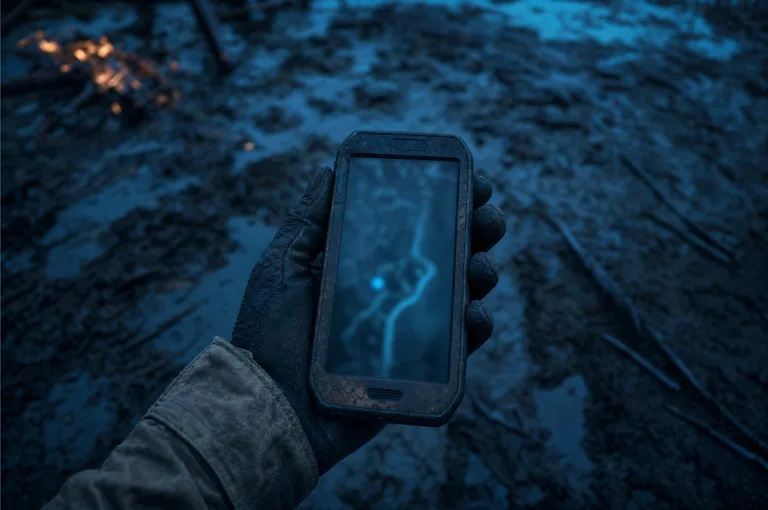 Gloved hand holding a rugged device over muddy ground, its screen showing a blurred capture frame with a soft blue location glow
