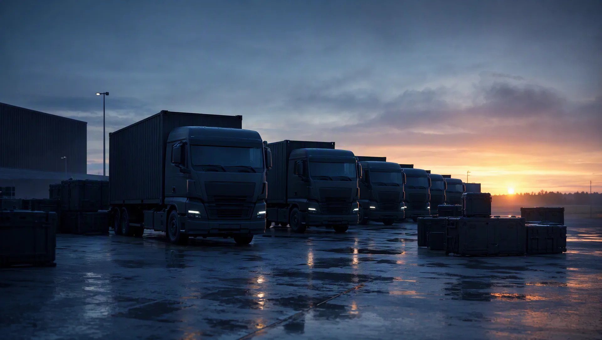 Sunrise over a staged convoy of unmarked transport trucks and equipment crates, mist burning off wet concrete