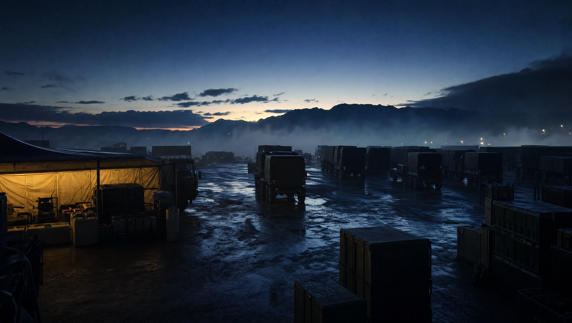 Pre-dawn training staging area with rows of unmarked transport trucks and equipment crates in mist, a command tent glowing at frame left