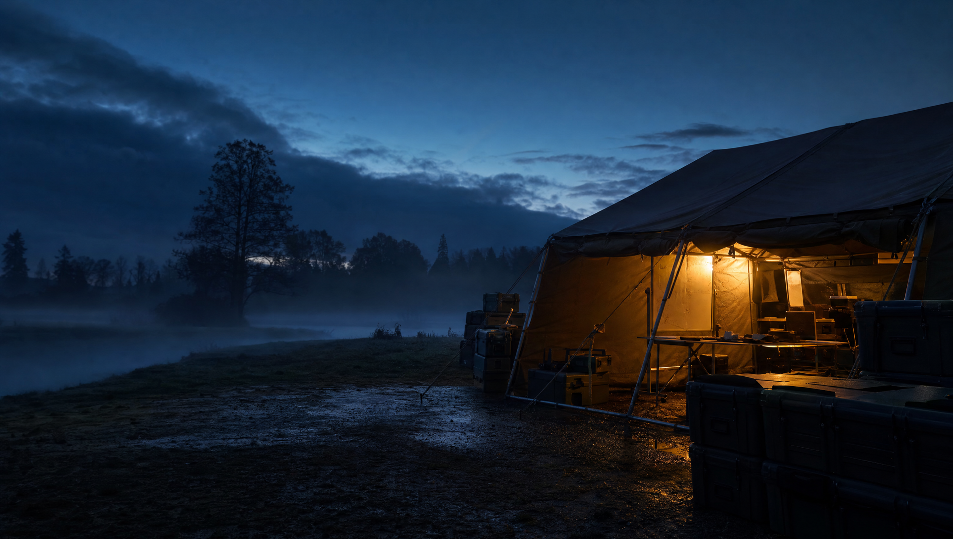 Exterior of a field briefing tent glowing warm from within at first light, mist low on wet ground, unmarked equipment crates stacked beside it under a cold blue sky
