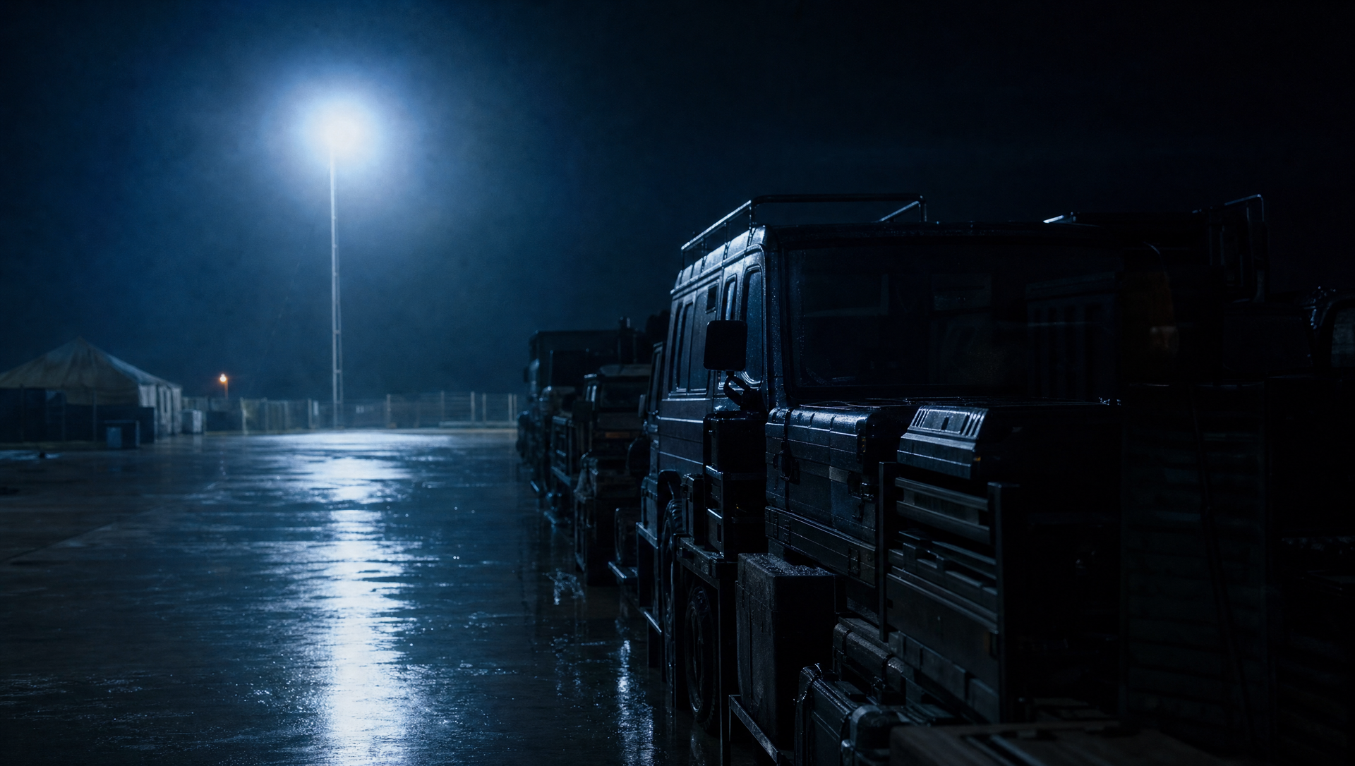 Night on the staging area after the exercise: stacked cases and a powered-down vehicle line under one tall floodlight, long reflections on wet concrete