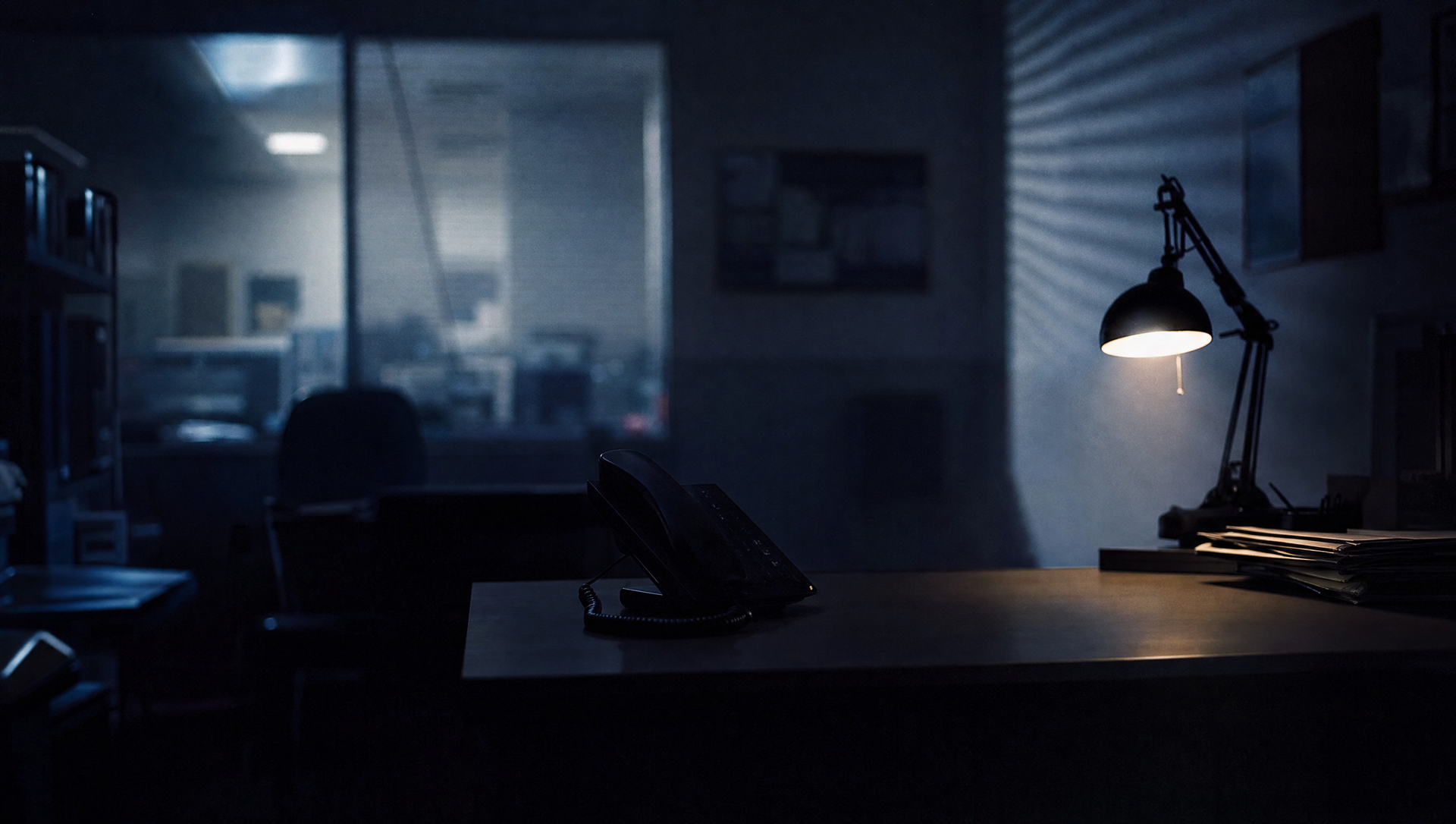 Dim institutional office at night: a desk with a landline phone in silhouette under one cone of warm lamp light, blurred stacks of folders in shadow