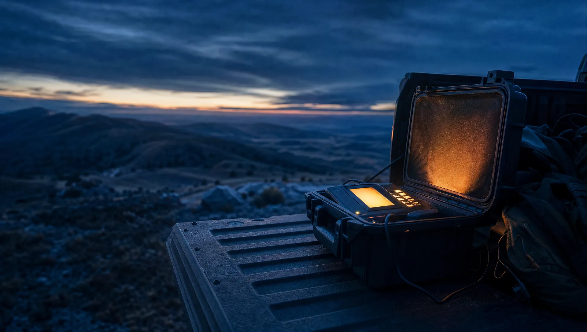 Remote ridge at dusk with one open equipment case on a tailgate holding a glowing rugged device, vast empty terrain beyond