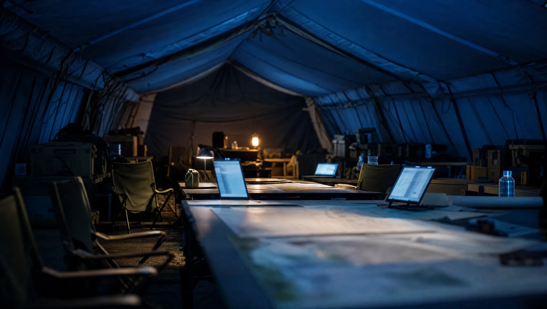 Briefing tent interior at night with a long table, blurred maps and glowing laptop screens, chairs pushed back under warm lamp light