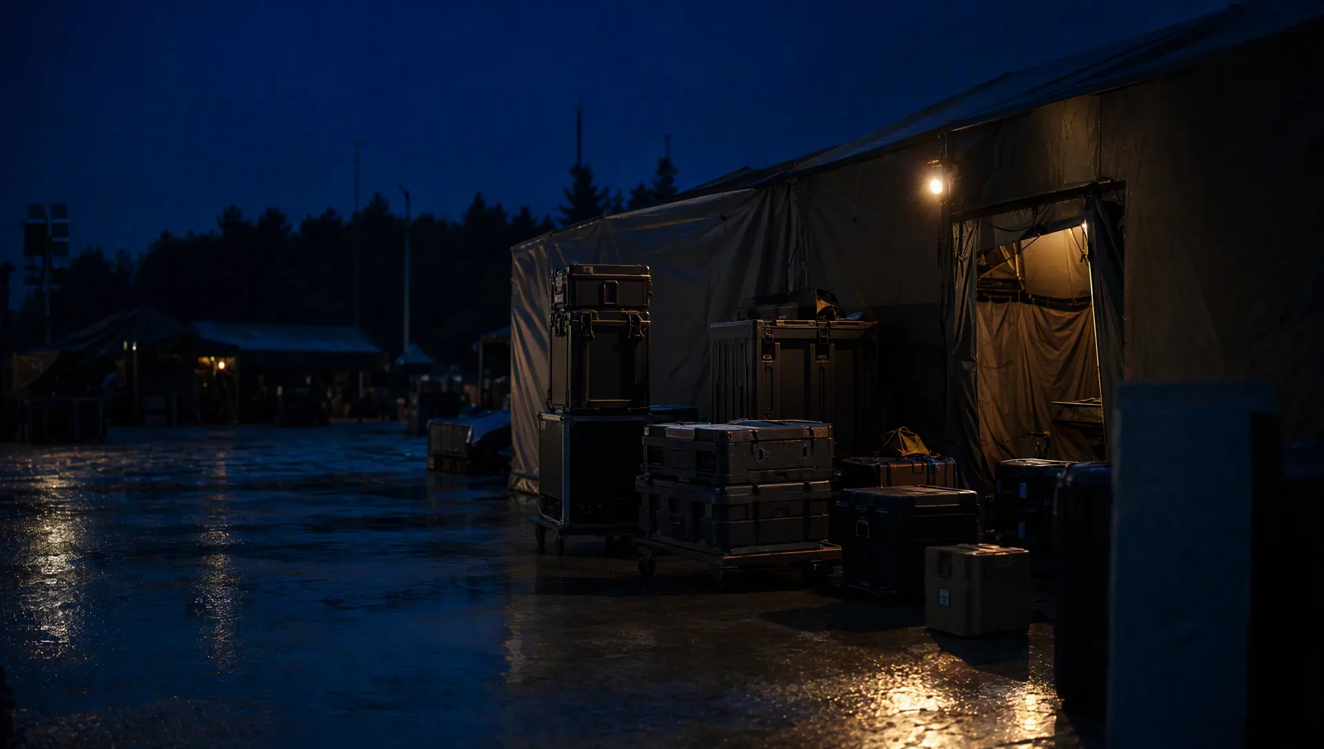 Night scene after an exercise: equipment cases stacked beside a tent with one warm interior light and wet ground reflections